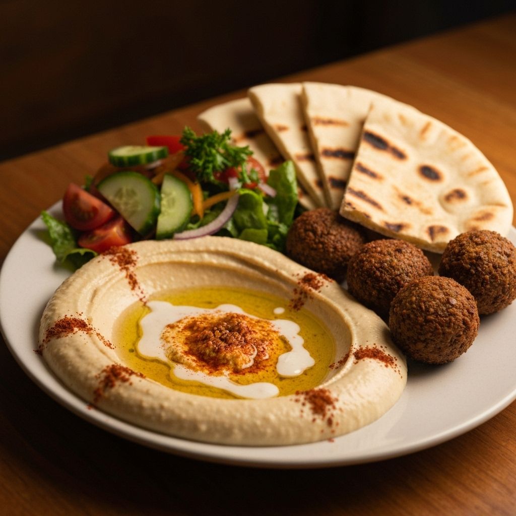Authentic hummus plate with falafel and vegetables